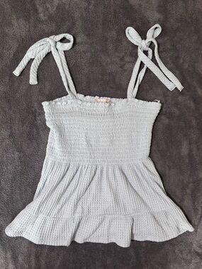 Altar'd State Light Blue Smocked Waffle Tie-Strap Top